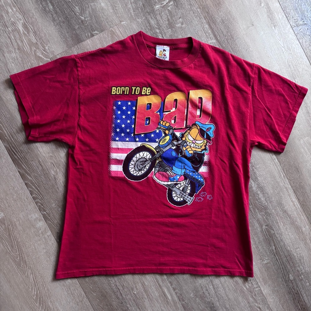 Vintage Garfield ‘Born To Be Bad’ motorcycle Men’s Shirt Size Large Red